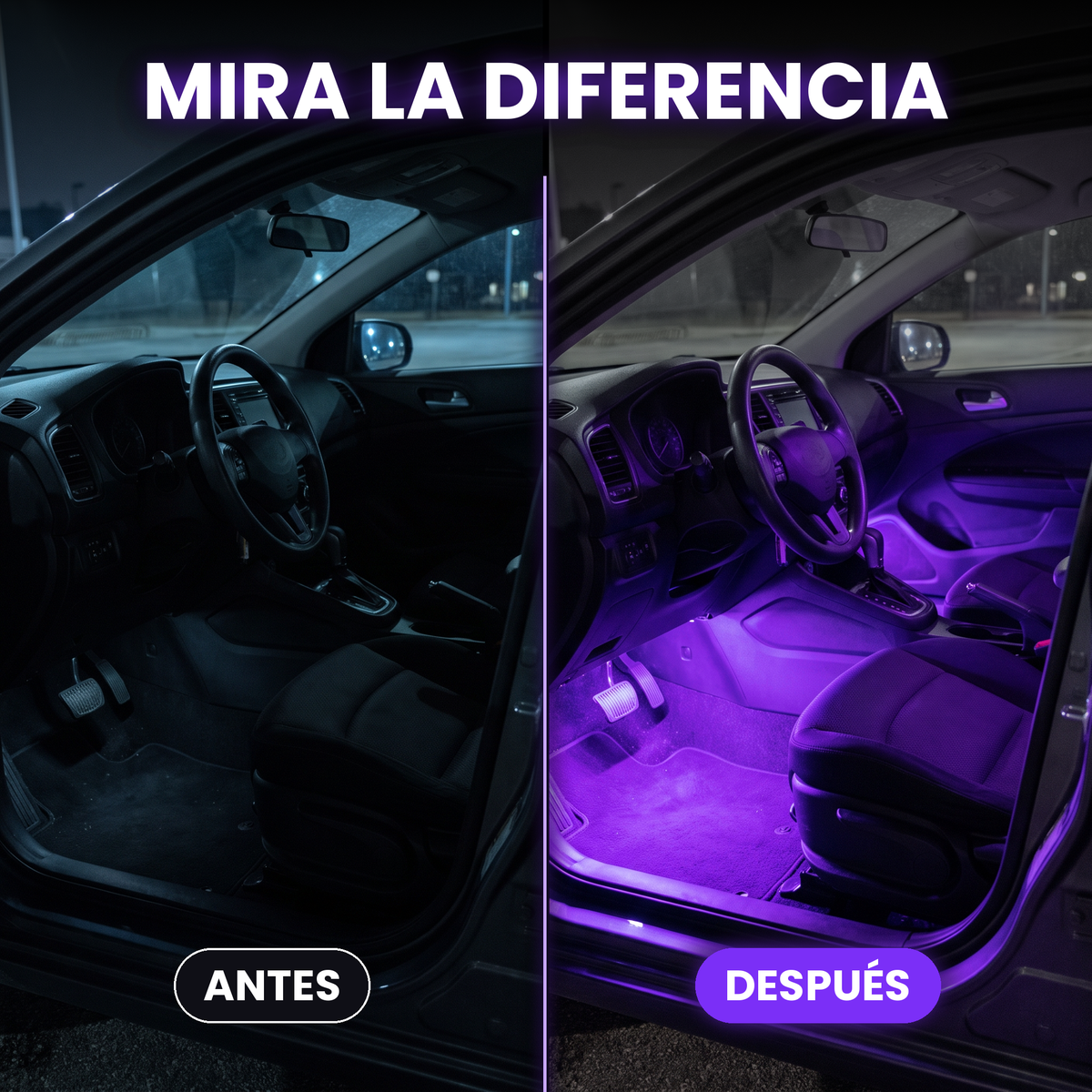 Antes y después: interior del coche sin luces y con luces LED Neonride