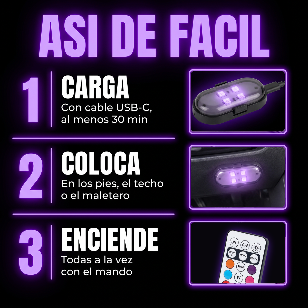 Luces LED de Ambiente para Coche sin Cables