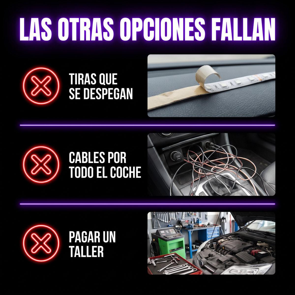 Las otras opciones fallan: tiras que se despegan, cables por todo el coche o pagar un taller